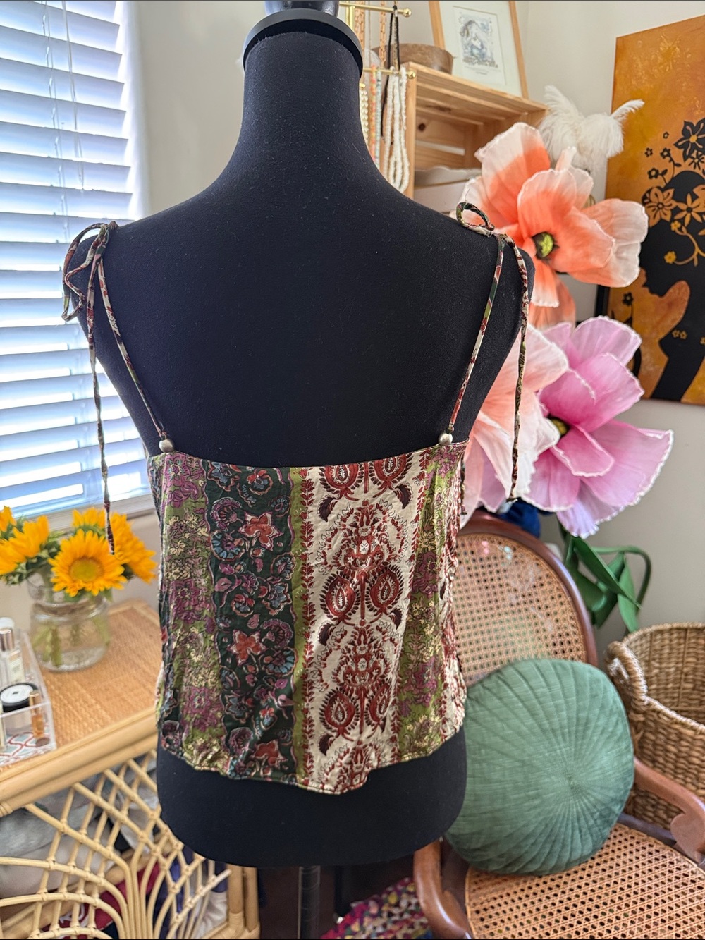 Zara Leia Floral Paisley Tie Shoulder Boho Hippie Camisole Tank Top - Picture 2 of 4